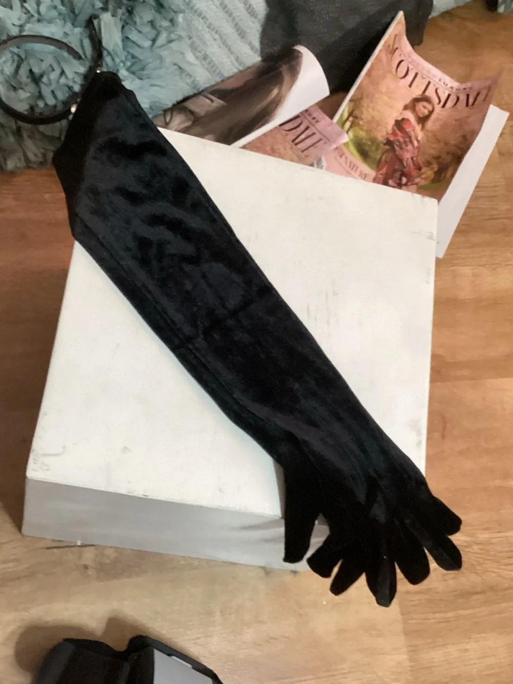 Black Faux Velvet Opera Gloves